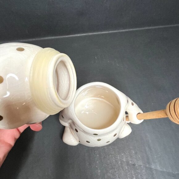 Anthropologie Dottie Honey Pot Ceramic Bear Jar With Gold Polka Dots Wood Spoon - Picture 8 of 9